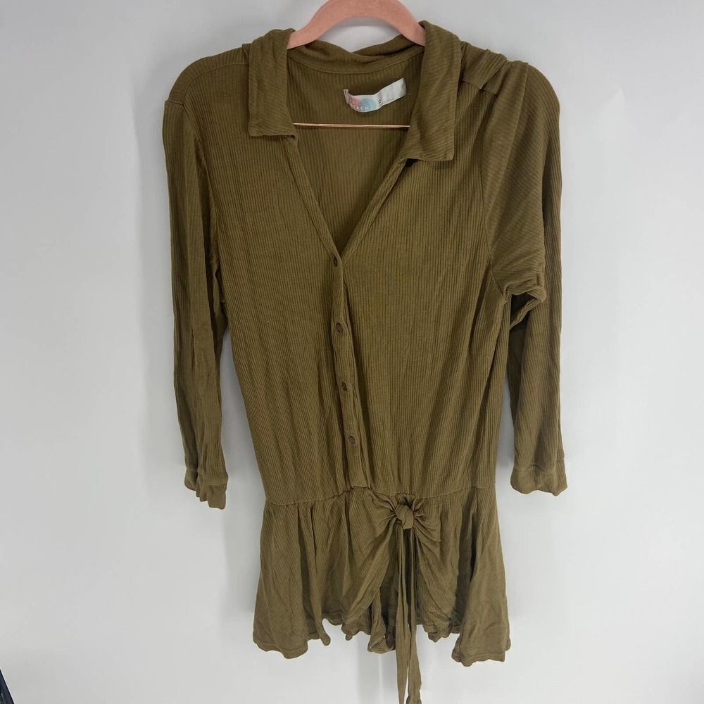 Free People Lively romper tropical nut green long sleeve skirted romper women s